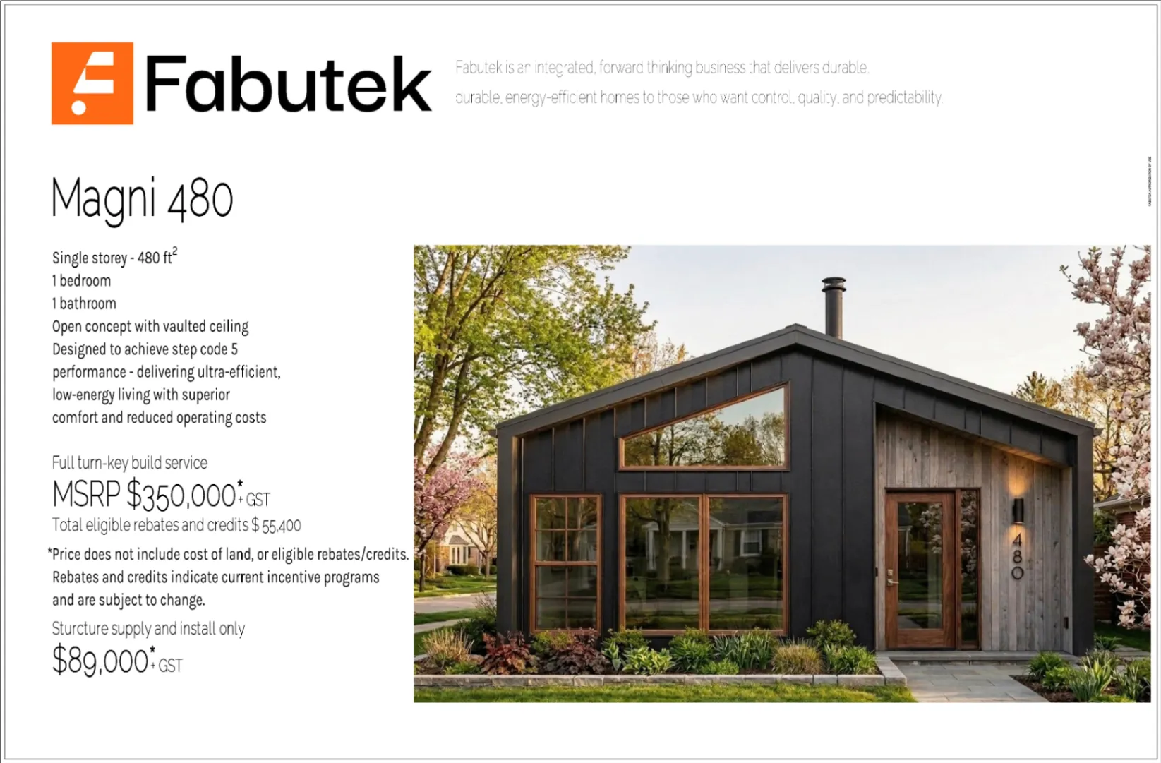 Magni400 title sheet with the Fabutek mark, model summary, pricing information, and an exterior rendering of the compact dark-clad home.