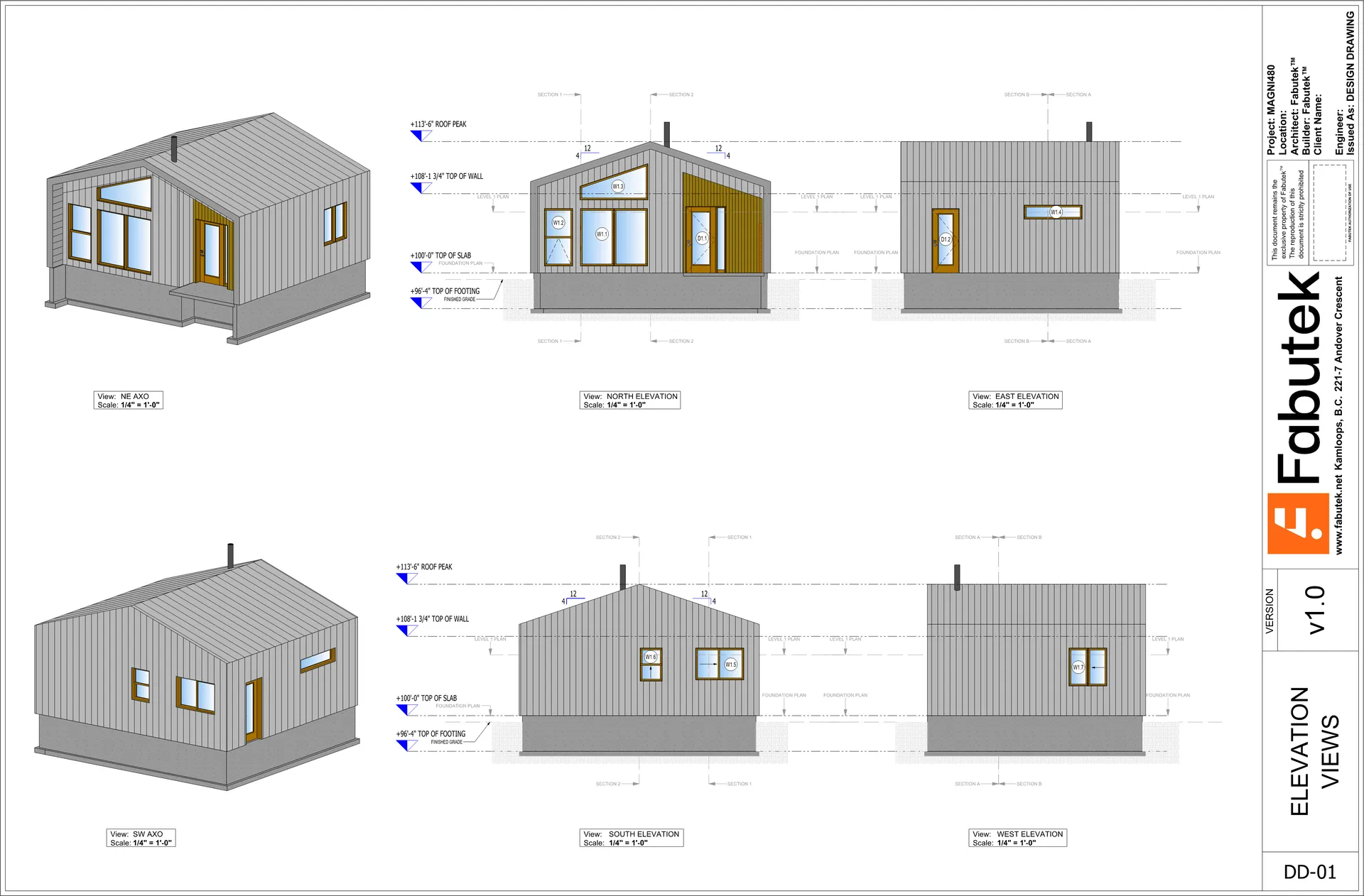 Magni400 design drawing DD-01 showing axonometric views and north, east, south, and west elevations with dimensions and window and door markers.