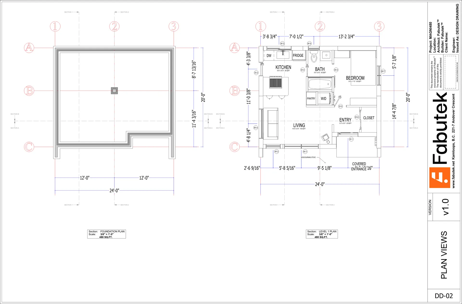 Magni400 design drawing DD-02 showing the foundation plan and level 1 plan, including kitchen, bath, bedroom, living, entry, and dimensions.