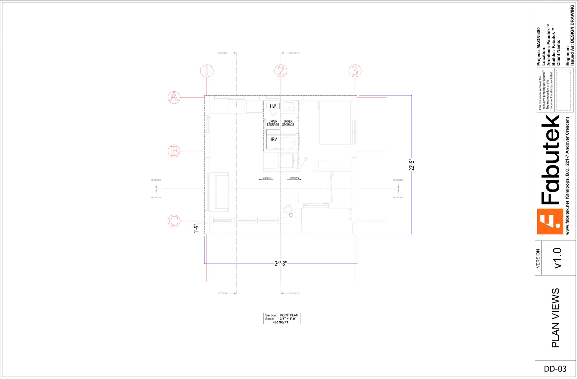 Magni400 design drawing DD-03 showing the roof plan with roof outline, slope notes, and dimensions.