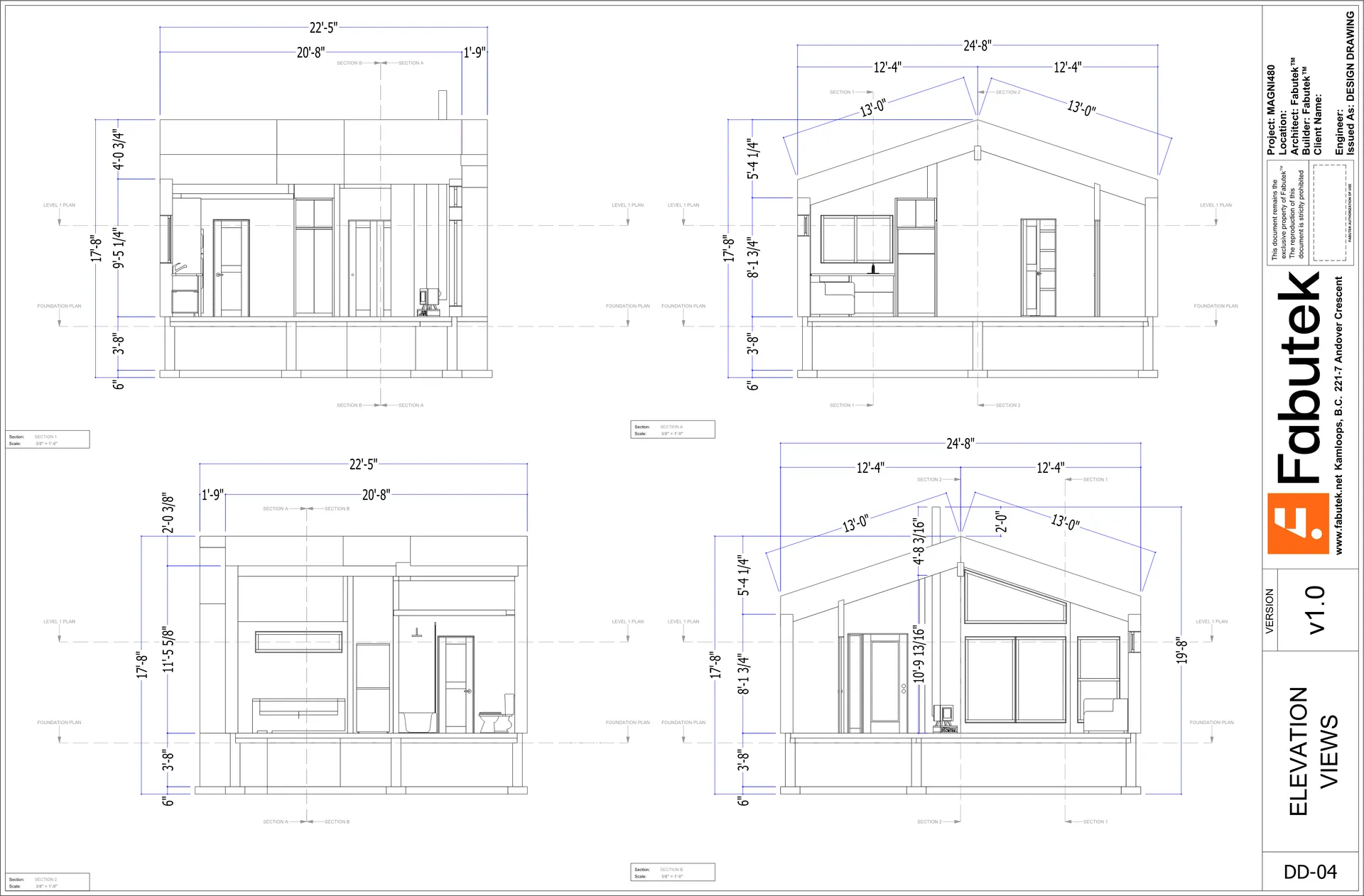 Magni400 design drawing DD-04 showing four section views through the home with roof form, interior elements, and dimensions.