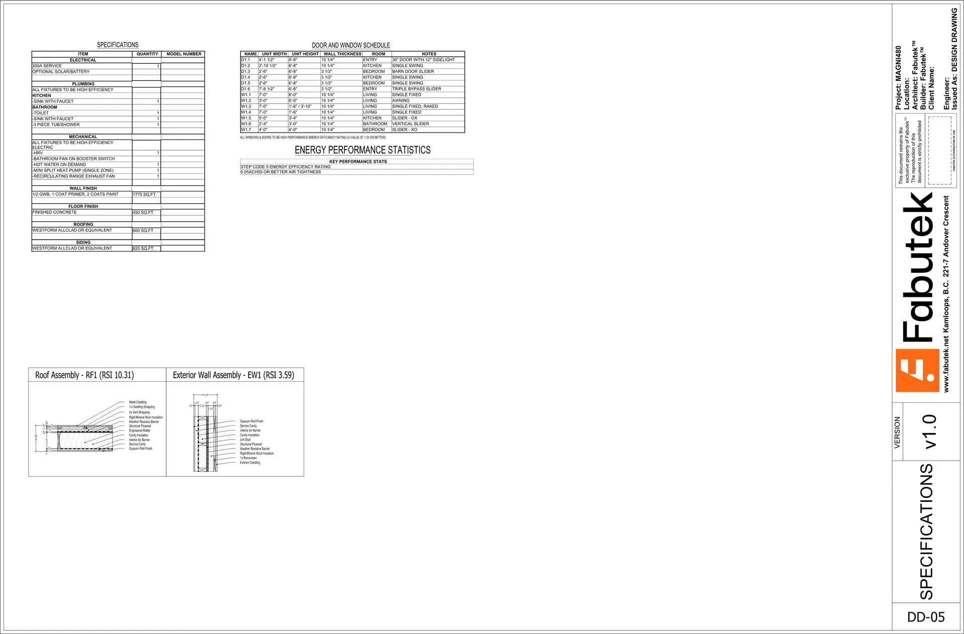 Magni400 design drawing DD-05 showing specifications, a door and window schedule, energy performance statistics, and roof and exterior wall assembly diagrams.
