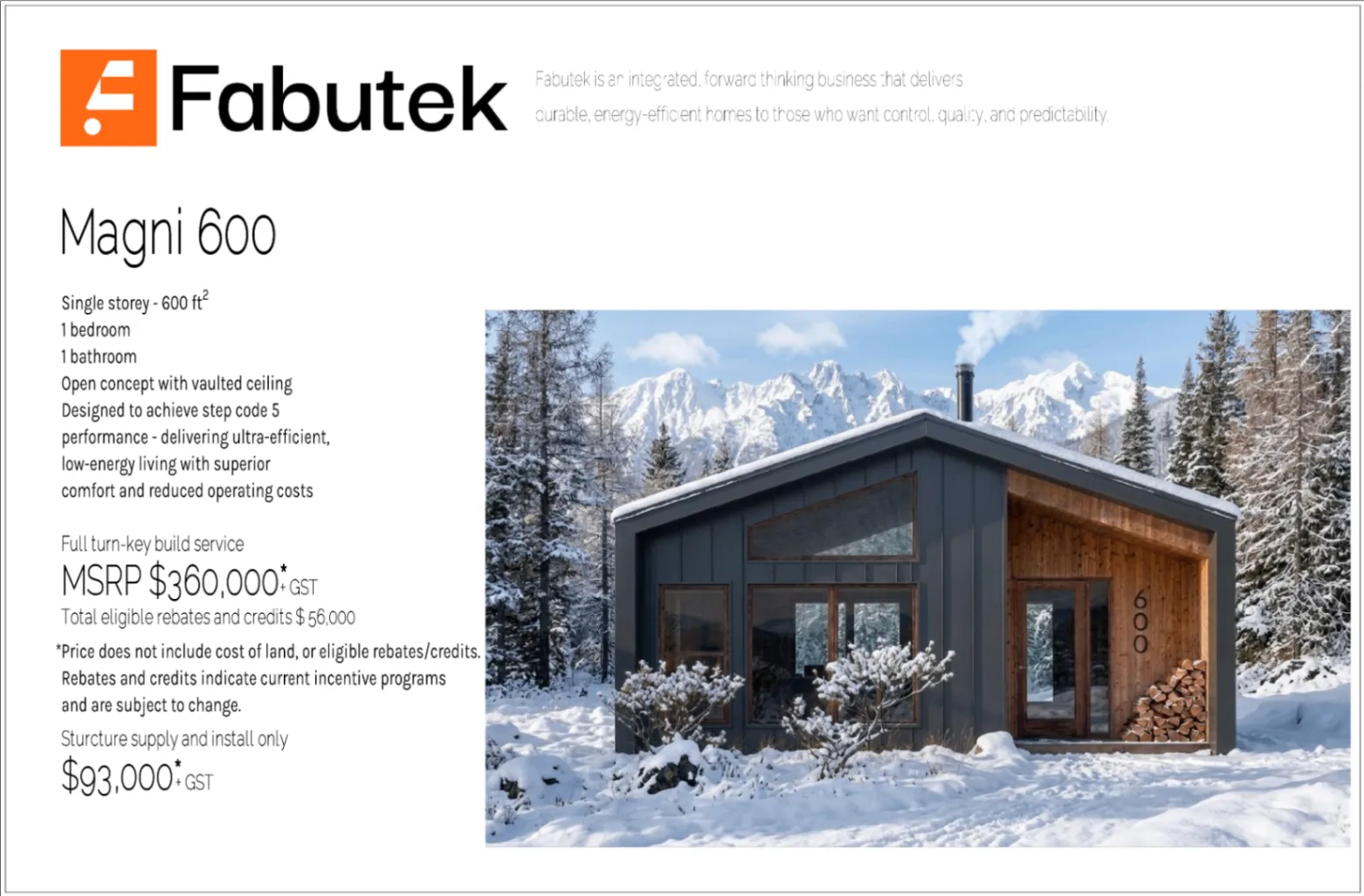 Magni600 title page with model summary, Step Code 5 performance description, pricing, rebates and credits, and a snowy exterior rendering of the single-storey home.