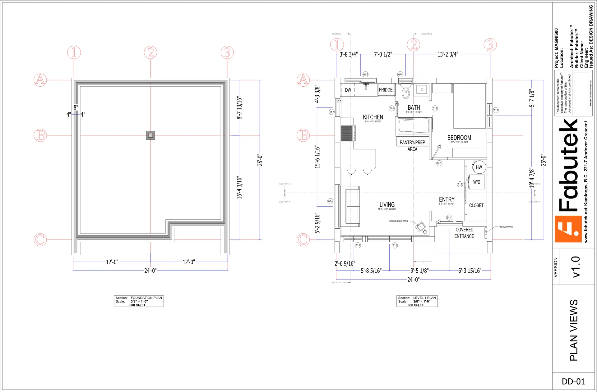 Magni600 plan views sheet showing the foundation plan and level 1 plan with kitchen, bath, bedroom, living room, entry, covered entrance, and dimensions.