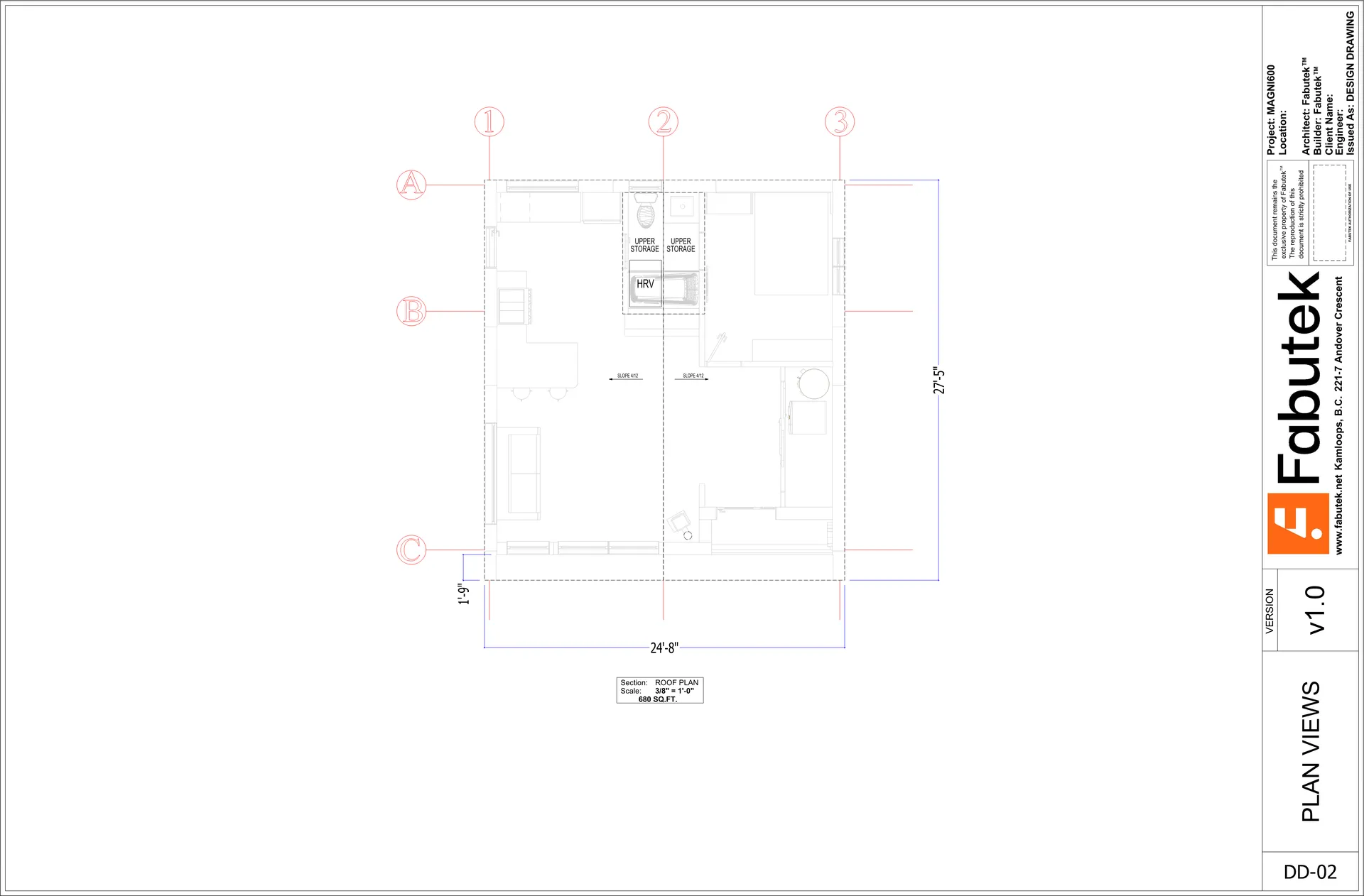 Magni600 roof plan sheet showing the roof outline, slopes, upper storage, and dimensions.