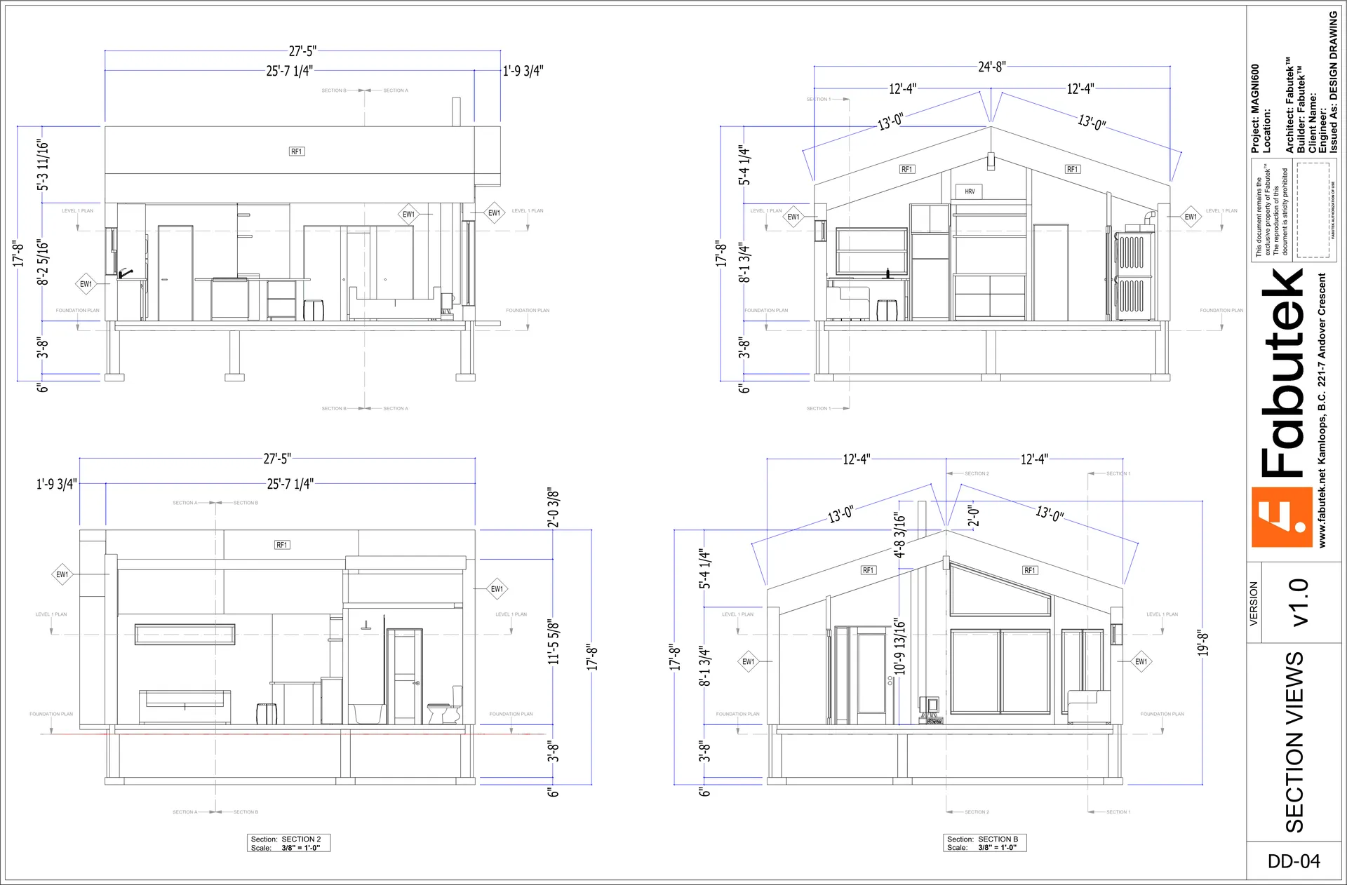 Magni600 section views sheet showing four sections through the home with vaulted roof form, interior spaces, windows, and dimensions.