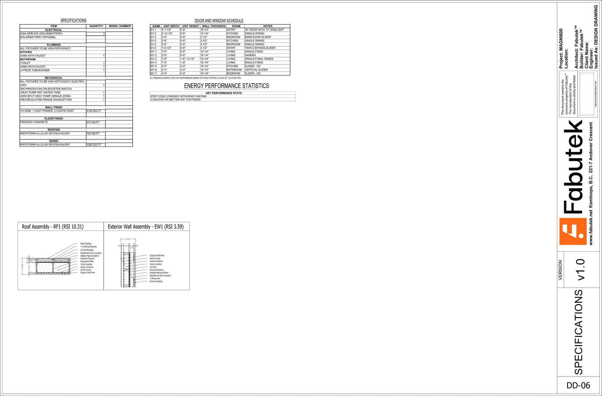 Magni600 specifications sheet showing electrical, plumbing, and mechanical schedules, door and window schedule, Step Code 5 energy performance statistics, and roof and exterior wall assembly diagrams.