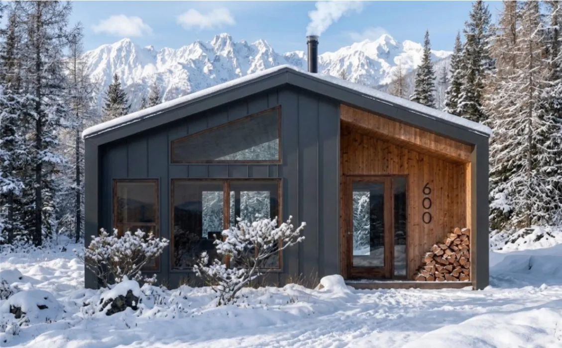 Magni600 single-storey home rendering in a snowy mountain forest setting