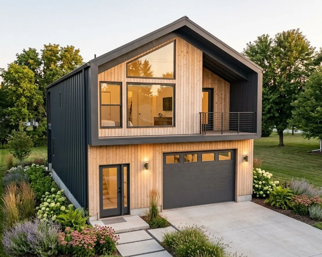 Selkie two-storey home exterior with timber siding, balcony, landscaped grounds, and an attached garage
