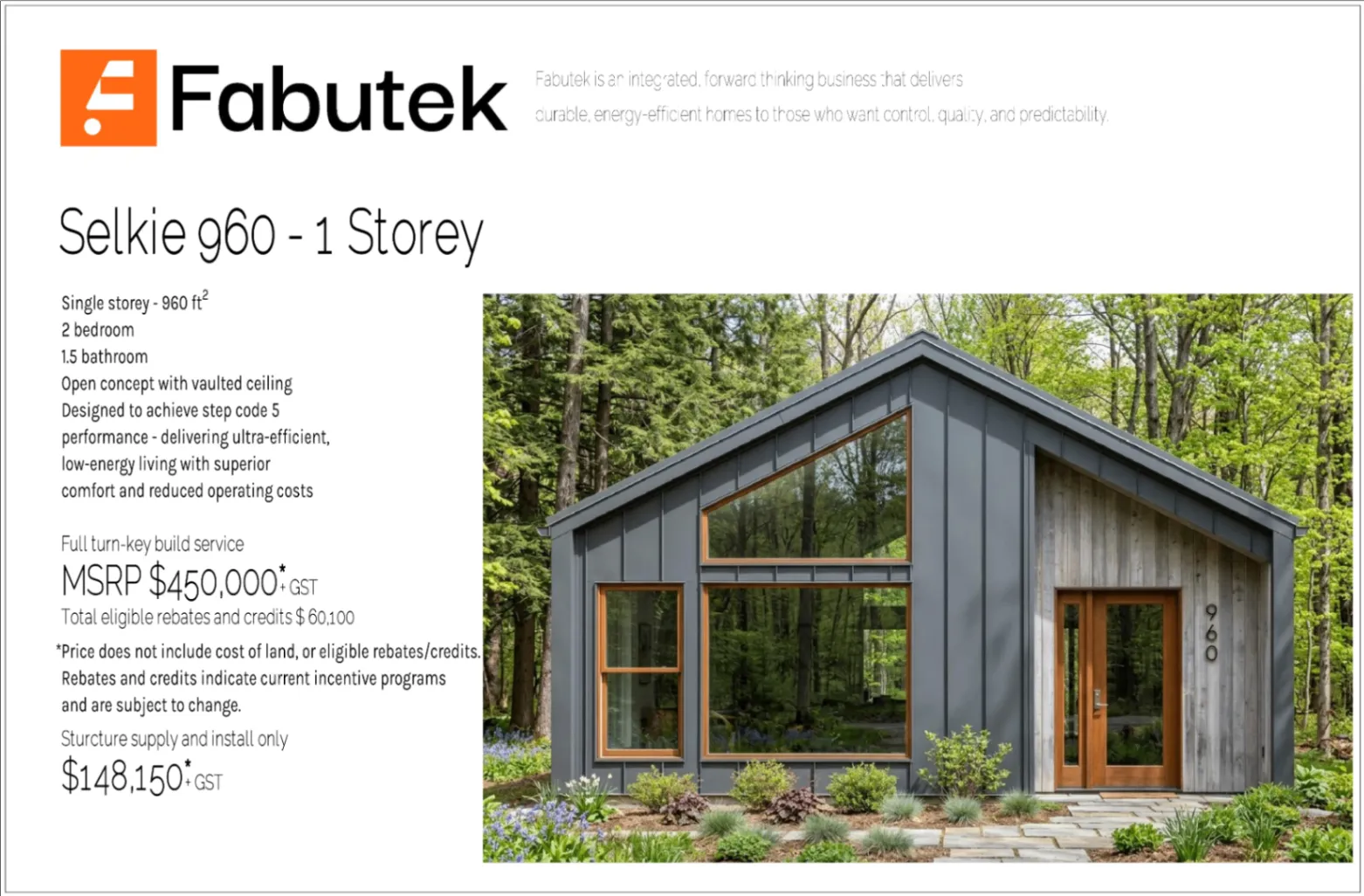 Selkie 960 single-storey title page with an exterior rendering of the home, model summary, Step Code 5 performance description, and pricing.