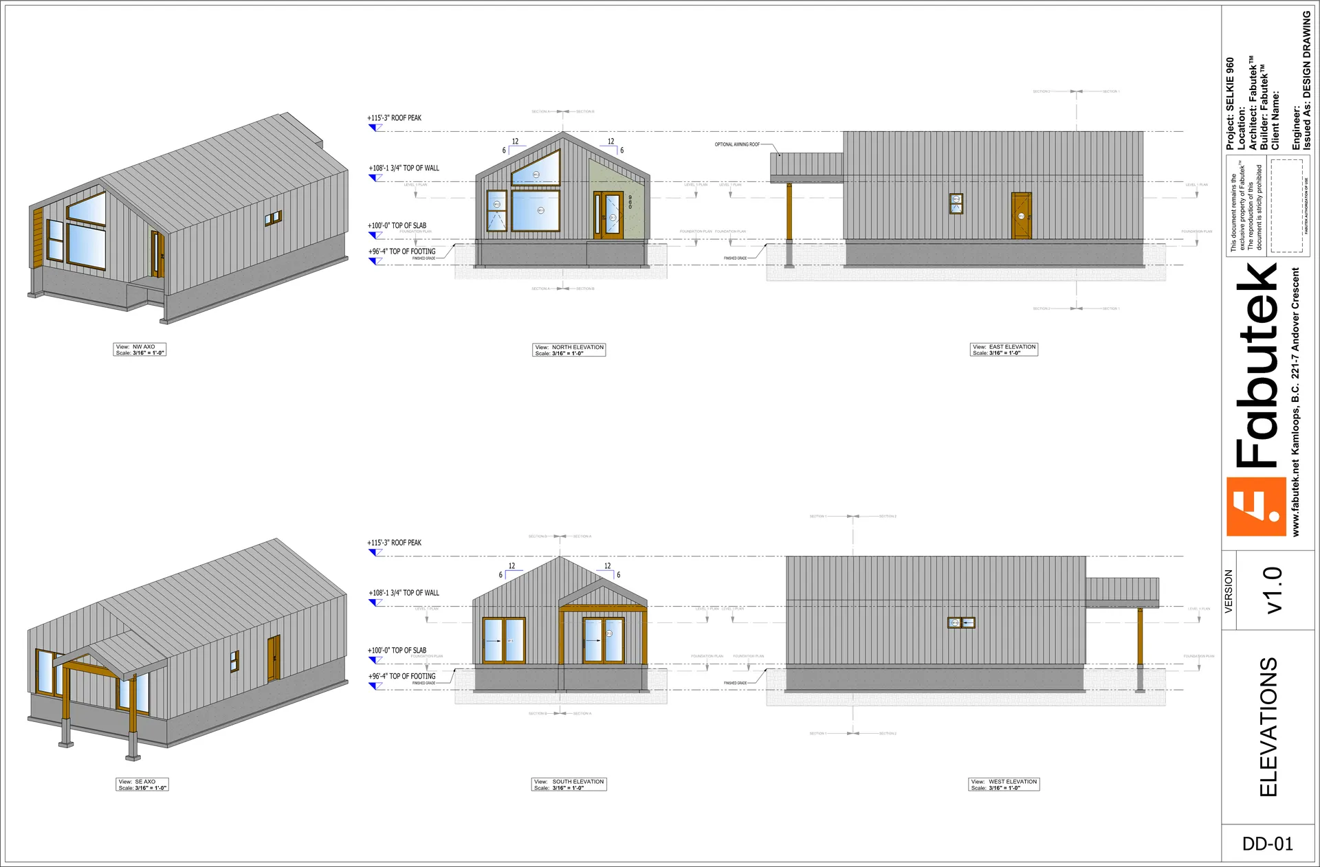 Selkie 960 elevations sheet DD-01 showing north, east, south, and west elevations, two axonometric views, and dimensions.