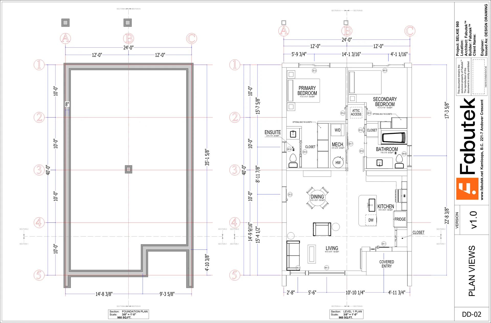 Selkie 960 plan views sheet DD-02 showing the foundation plan and level 1 plan with primary and secondary bedrooms, ensuite, bathroom, kitchen, dining, living, covered entry, and dimensions.