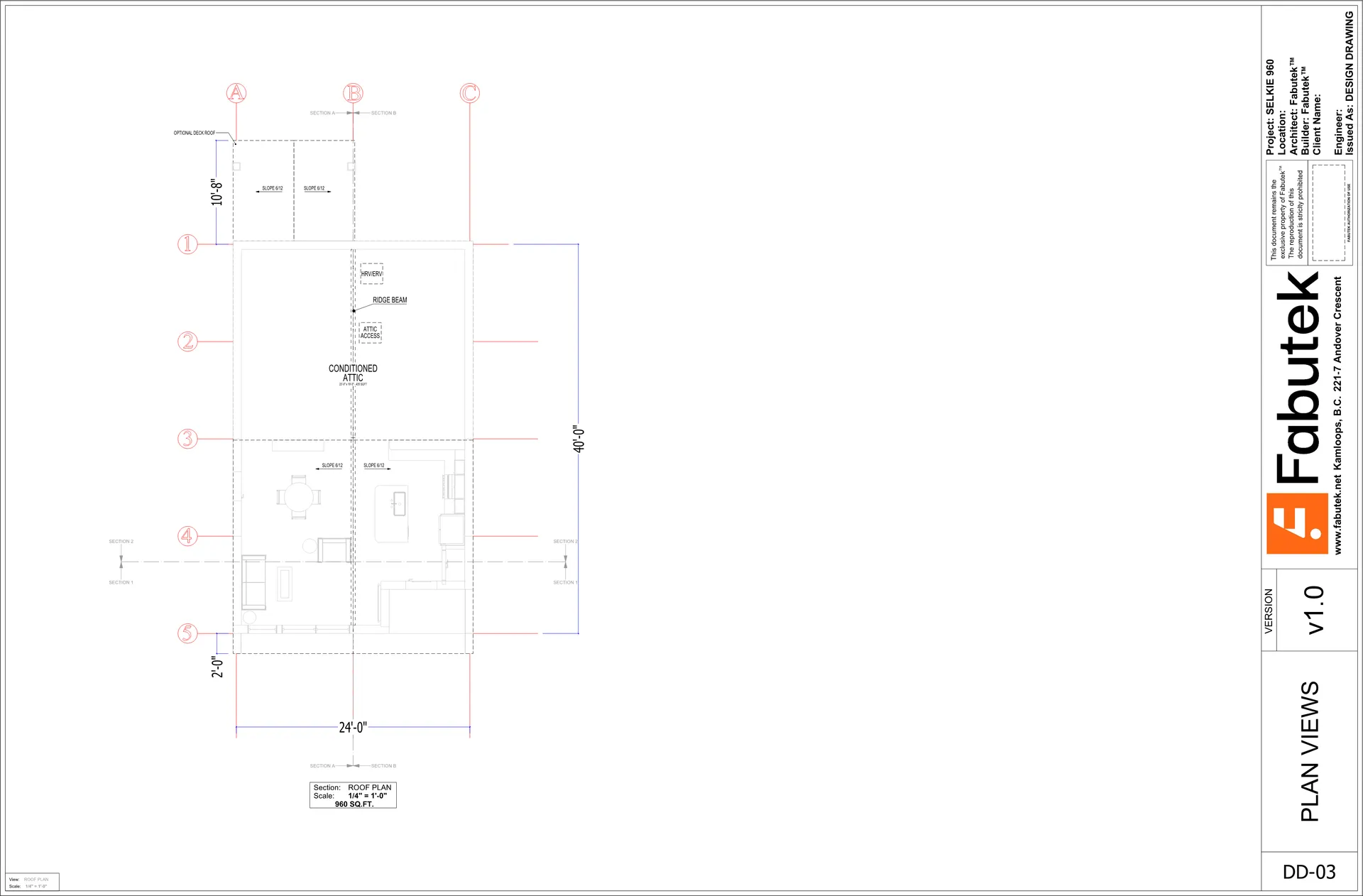 Selkie 960 roof plan sheet DD-03 showing the gable roof, conditioned attic, optional deck roof, slope notes, and dimensions.