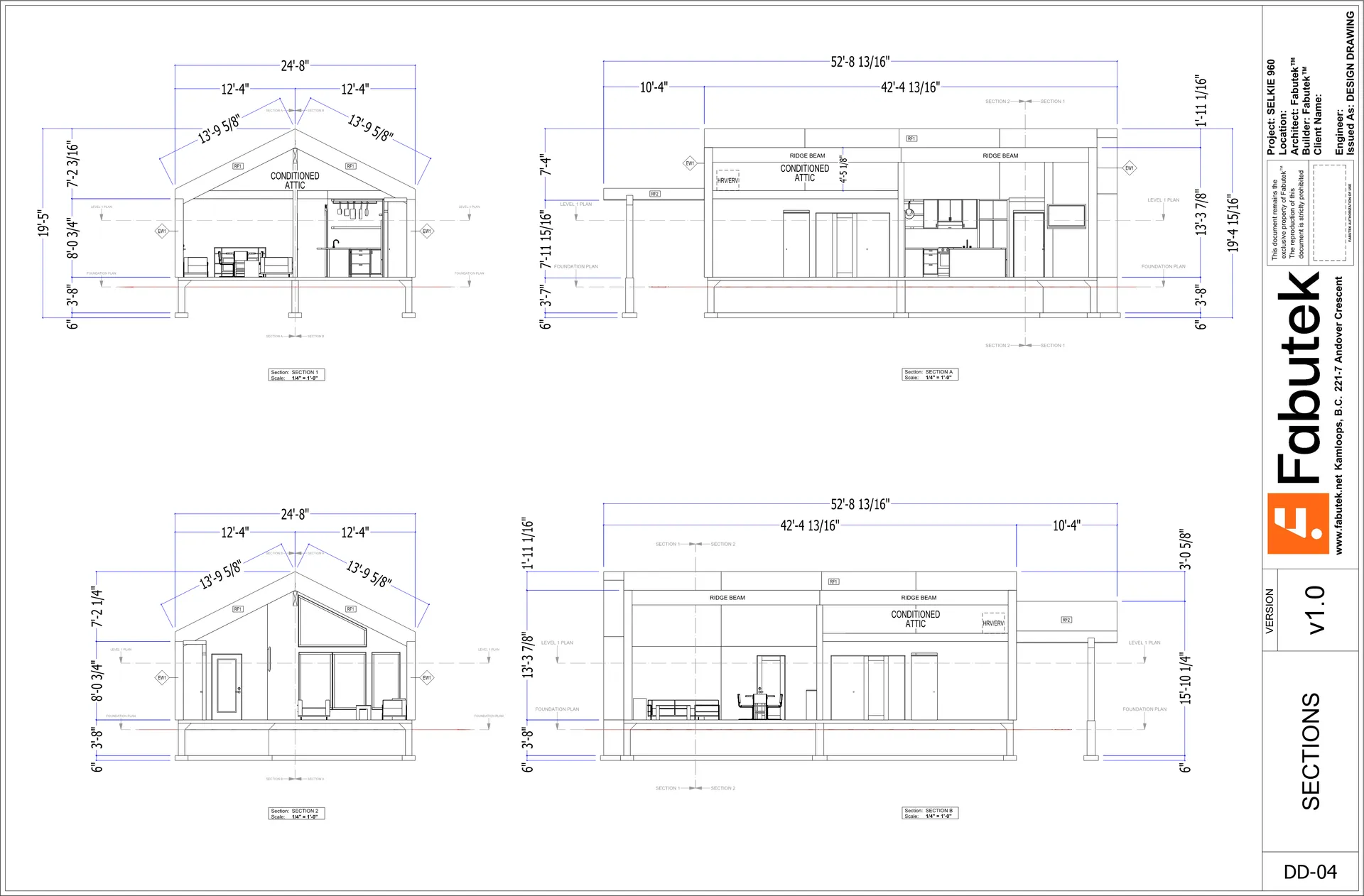 Selkie 960 sections sheet DD-04 showing four section views, the conditioned attic, roof form, interior layout, and dimensions.