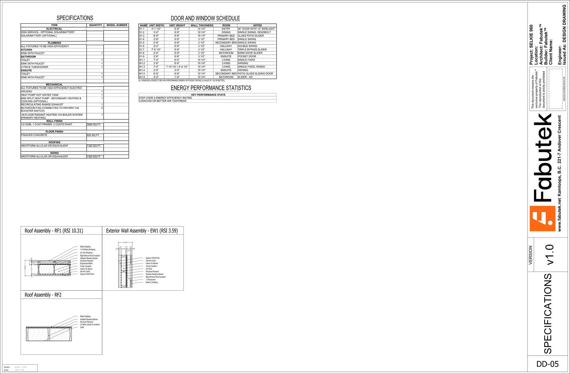 Selkie 960 specifications sheet DD-05 showing specifications, a door and window schedule, Step Code 5 energy performance statistics, and roof and exterior wall assembly diagrams.