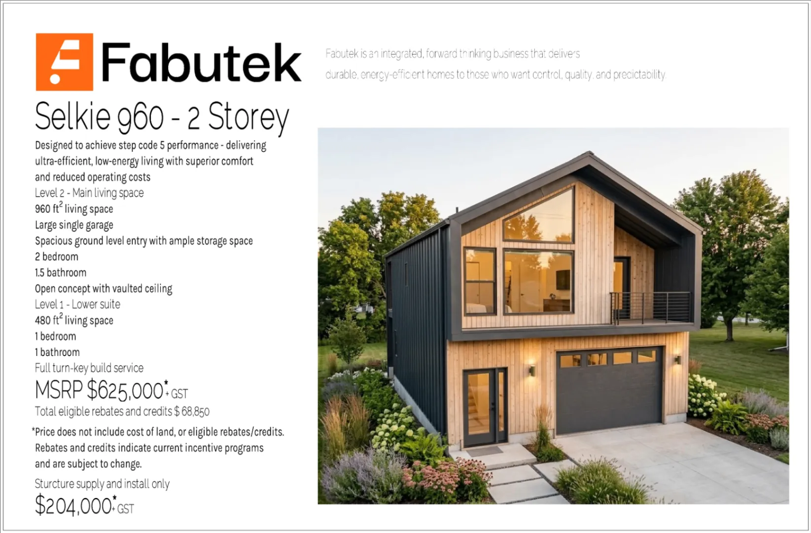 Selkie 960 – 2 Storey title page with an exterior rendering, model summary, Step Code 5 performance description, pricing, rebates and credits, and structure supply and install figure.
