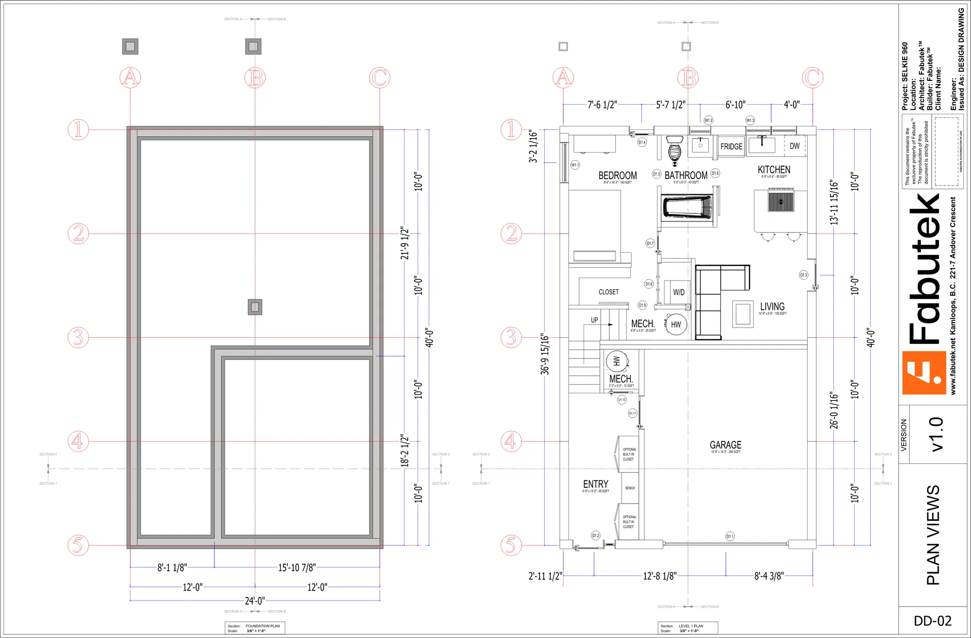 Selkie 960 two-storey design drawing DD-02 showing the foundation plan and level 1 plan with entry, garage, bedroom, bathroom, kitchen, living area, mechanical spaces, and dimensions.