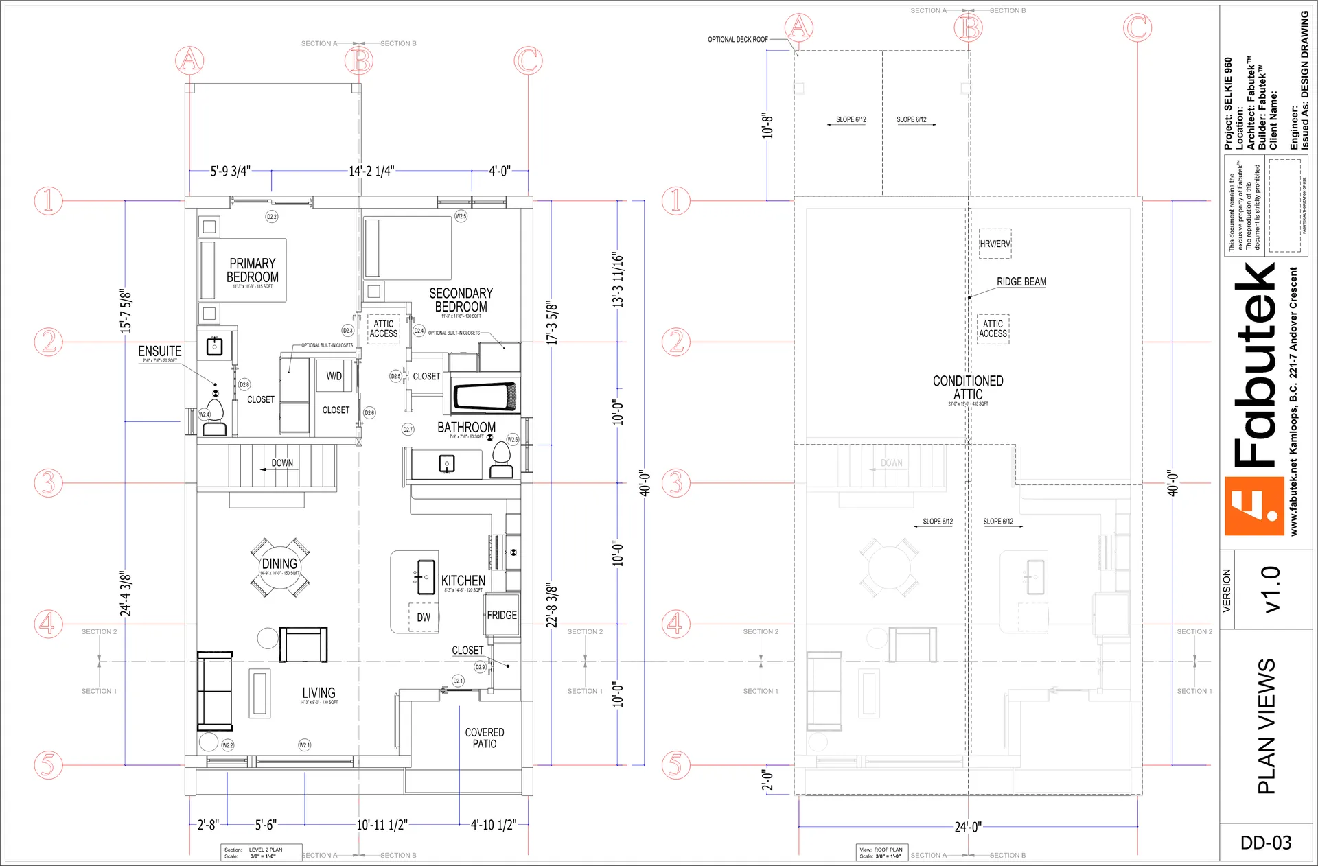 Selkie 960 two-storey design drawing DD-03 showing the level 2 plan with primary and secondary bedrooms, ensuite, bathroom, dining, living, kitchen, covered patio, and a roof plan with conditioned attic and dimensions.