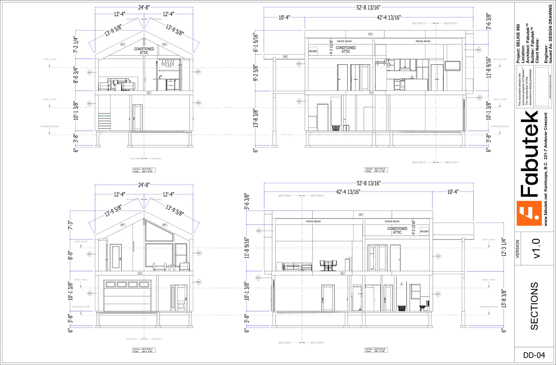 Selkie 960 two-storey design drawing DD-04 showing four section views with the two-storey profile, conditioned attic, interior spaces, foundations, and dimensions.