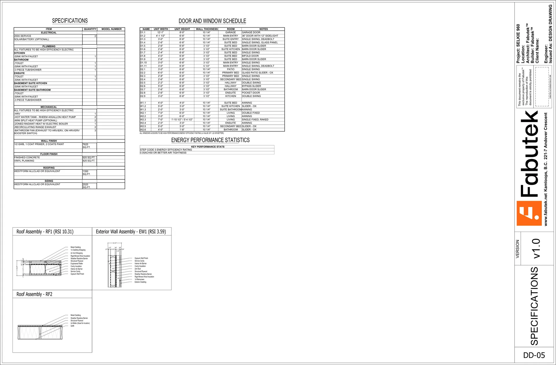 Selkie 960 two-storey design drawing DD-05 showing specifications, a door and window schedule, Step Code 5 energy performance statistics, and roof and exterior wall assembly diagrams.